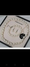 KYOTO PEARL Necklace Bracelet Earrings Set Freshwater White Pearl 16" Silver New