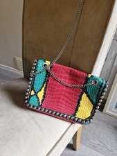 Zara Leather Handbag.  Chain. Red, Yellow, Green, Metal Studs.