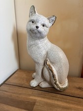 Cat Statue Ceramic White Raku