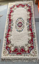 Chinese Rug.160 X 75 Cms Including Fringe.Light Cream Red Blue Border.