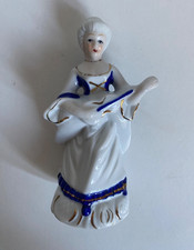 Vintage Porcelain Lady holding mandolin / violin Blue White & Gold Figurine