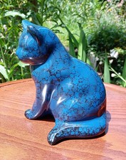 Large Vintage Ceramic Cat Figurine Ornament Blue / Black Marbled Mottled 15 cm