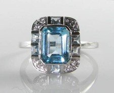 LARGE 9k 9CT WHITE GOLD AQUAMARINE DIAMOND CLUSTER ART DECO INS RING Size I 
