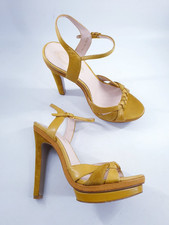 Elie Tahari size 6.5 mustard yellow leather & suede strappy platform stilettos