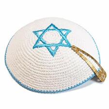Knitted 16 cm White Magen David Kippah Jewish Israel Flag Yarmulke Synagogue