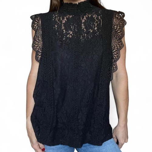 Black lace mock neck - black,