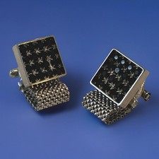 Vintage Cufflinks Lucien Perreaux Cuff Links Silver Toned W/ Black Rhinestones