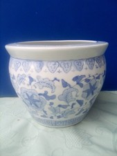 Chinese Blue & White Pottery Koi Fish Bowl/Planter Jardiniere