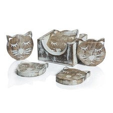 6 x Wooden Coasters Cat Coffee Tea Drinks Holder Gift Set Bag  Mat Rustic UK
