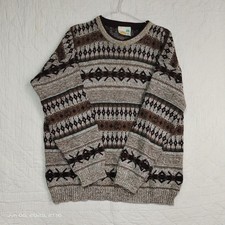 Mens Vintage Sweater Brown Wool Blend Chunky Nordic Ski Medium