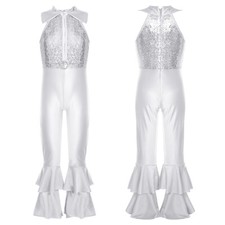 UK Kids Girls Shiny Metallic Sequins Bodysuit Jumpsuit Jazz Dance Disco Costume