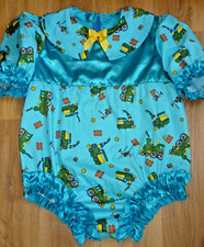 ADULT BABY FRILLY ALL IN ONE ROMPER SISSY SILKY BLUE SATIN TRAIN PRINT COTTON