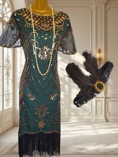 Flapper Gatsby Dress Size 14 16 Green Sequin Stretch Fringe Art Deco Vintage