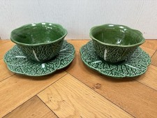 Pair Of  Vintage Majolica Bordallo Pinheiro Cabbage Bowl With Plate Set Green