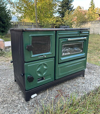 Green enameled wood burning stove with oven, wood cook stove