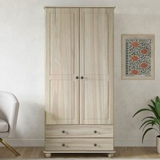Light Wood with White Wash 2-Door Double Wardrobe with Drawers - Hampton HPT004