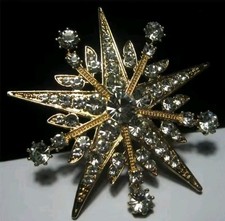 Art Deco Style Large Crystal Gold Star Brooch Shawl Pin Jewellery Starburst