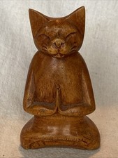 Hand Carved Wooden Yoga Cat - Suar Wood Relaxing Meditation