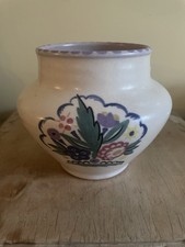 Antique Poole Pottery Vase , Mauve Stitched Rim, Floral Painted Rounders