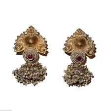 (0729) Tamil Nadu Earrings, 22k Gold - Rubis - Basra Pearls  