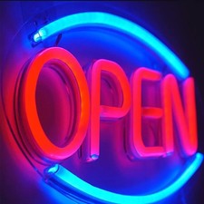 Open neon sign - night, for
