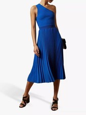 Ted Baker Miriom Pleated Dress Size 0 UK 6 Bright Blue Midi Dress One Shoulder