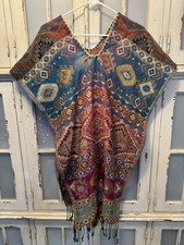Multicolor Pashmina Poncho Wrap Shawl Reversible Tribal Kilim Design Fringe