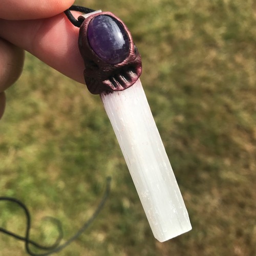 Selenite amethyst pendant - selenite, &
