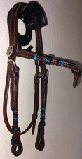 Western Headstall bridle brown with turquoise blue rawhide decoration FS