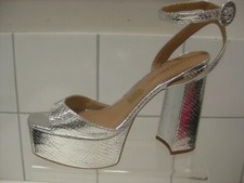 KAREN MILLEN 40 7 (6.5) PLATFORM SHOES silver faux faux leather disco 70s retro