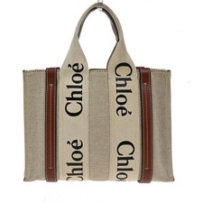 CHLOE Logo Woody Small Hand Tote Bag 100% Cotton Leathr Beige Italy 30YH818