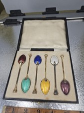 Sterling Silver Gilt Enamel English Hallmarked Coffee Spoons Cased Box Set of 6