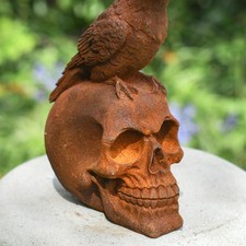 Rustic Cast Iron Skull Garden Ornament - 'The Raven's Perch'