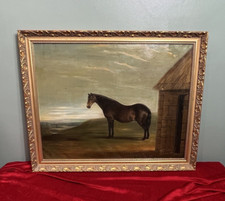19th Century Oil Painting Of Chestnut Horse By Stable Signed J Carr Pinnit