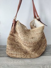 NEW Whistles Natural Woven Jute Tote Bag with Faux Leather Straps Large