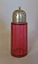 Victorian Cranberry Glass Sugar Sifter with nickel Silver Cap: 15 cm high