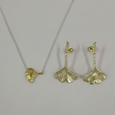 pandora Gingko Leaf Two-tone Pendant Necklace and Drop Earrings Set #45cm