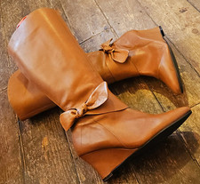 Legroom Beautiful Brown Tan Soft Leather Boots, UK s.8, Wide Fit,Side Zip, Wedge