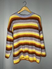 Topshop Fluffy Striped Jumper UK M Yellow Lilac Brown Soft Acrylic Knit Cosy VGC
