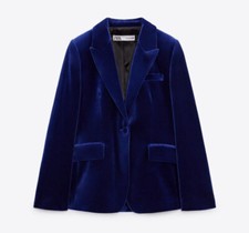 ZARA Blue Tailored VELVET BLAZER INK Size S Small Ref 2054/514 Collar RARE