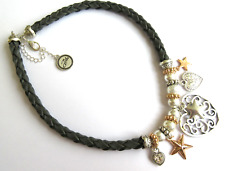 Bibi Silver & Goldtone Hearts, Stars Charm Statement Necklace Black Faux Leather