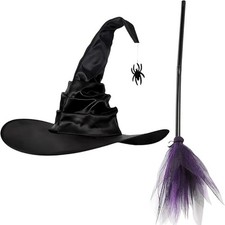 Halloween Costume Black Pointed Witch Hat & Prop Broom for Women Teens Party Cos