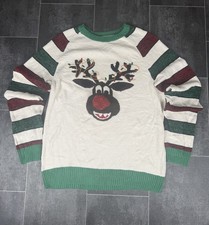 Ugly Christmas Sweater Reindeer Lights Jumper Cream Green Red Size L