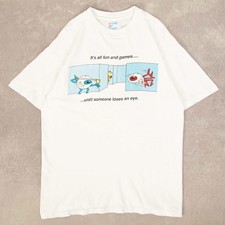 Hanes Beefy Vintage 90s All Fun And Games Graphic T-Shirt L Mens White 