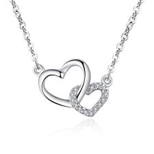 925 Sterling Silver CZ Crystal Double Heart Necklace Women Girl Jewellery Gift