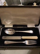 ANTIQUE SOLID SILVER SPOON & FORK SET BARKER BROTHERS BIRMINGHAM 1954/1955 CASED