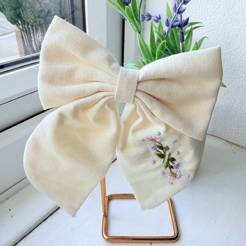 Cream embroidered bow - cream, hair