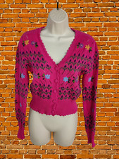 ZARA PINK KNIT CARDIGAN XS XSMALL COTTON WOMENS V-RUFFLE NECK FLOWER JUMPER TOP