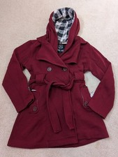 Urban Diva Womens Burgundy Check Hooded Overcoat Coat Size M Lightweight Pockets