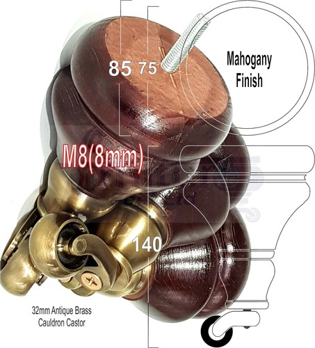 Wood mahogany brass castor - brass,